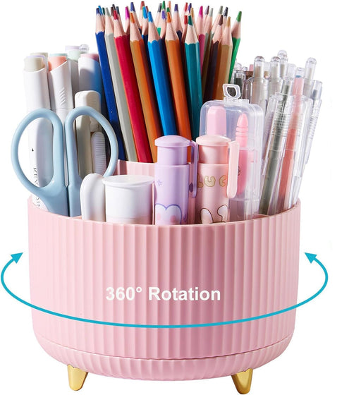 Ybaier 360 Degree Rotating Pen Holder, 5 Slots Pencil Organizer Desk Organizers and Accessories, Cute Pink Pen Holder for Desk, Pen Organizer Storage for Office School Home