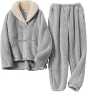 Women's Fluffy Pajamas Set 2 Piece Soft Fleece Pjs Pullover Pants Loose Plush Sleepwear Warm Fuzzy Loungewear - Grey