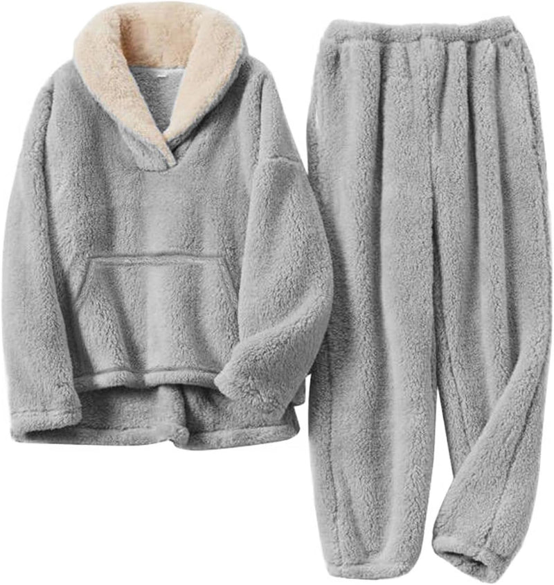 Women's Fluffy Pajamas Set 2 Piece Soft Fleece Pjs Pullover Pants Loose Plush Sleepwear Warm Fuzzy Loungewear - Grey