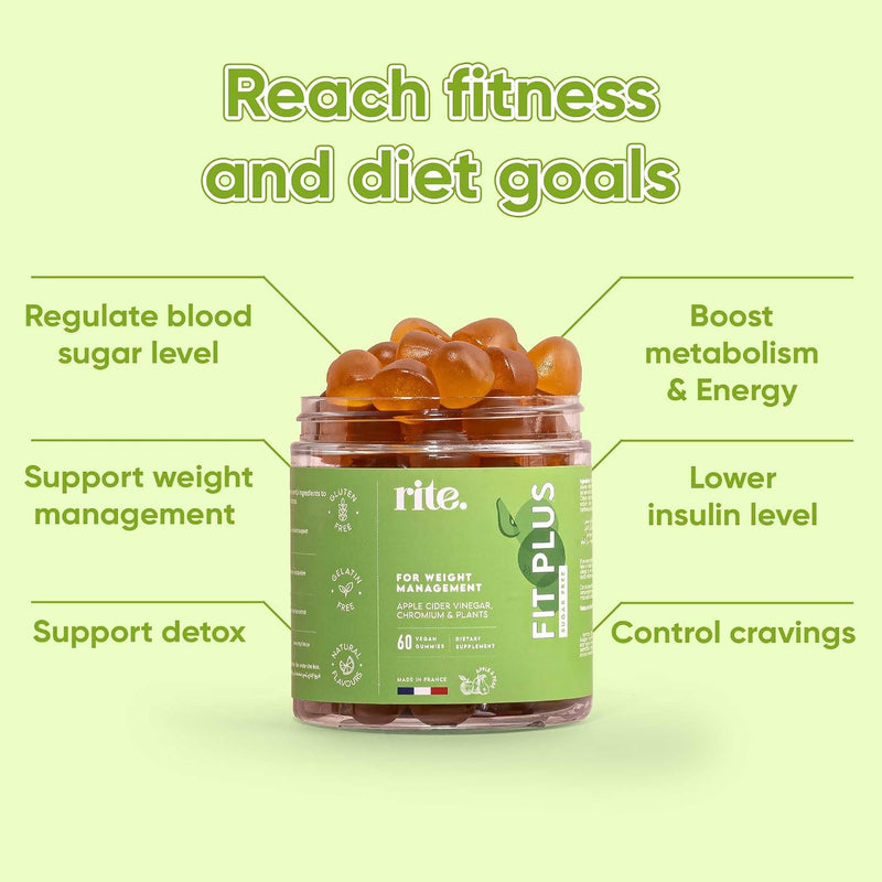 FIT PLUS Sugar-free Vitamin Gummies Apple cider Vinegar, Chromium, Green tea extract & chicory Prebiotics For blood sugar, metabolism, weight Apple & Pear flavour