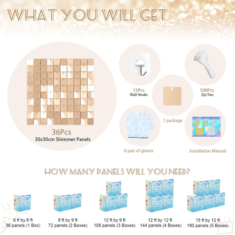 LJIE-House Champagne Shimmer Wall Backdrop Shimmer Panels Sequin Backdrop 36PCS Glitter Party Backdrop for Birthday Wedding Anniversary Engagement Baby Shower & Bachelorette Decorations Party