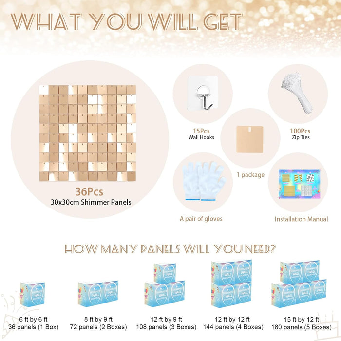 LJIE-House Champagne Shimmer Wall Backdrop Shimmer Panels Sequin Backdrop 36PCS Glitter Party Backdrop for Birthday Wedding Anniversary Engagement Baby Shower & Bachelorette Decorations Party