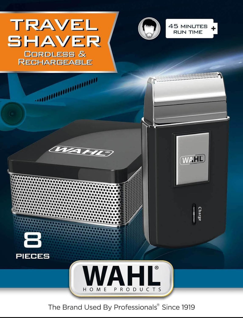 WAHL Travel Shaver for Men - Wet & Dry Cordless Electric Razor with Powerful Motor - Sharp Blades 0.4mm Cutting Length - Spare Blade Foil - Lightweight Design - 45 Min Runtime Travel Pouch, 3615-1027