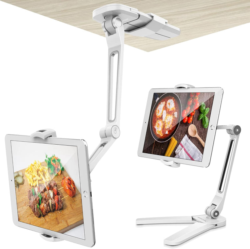 AboveTEK Kitchen Tablet Stand HIGHFlex 360 Superior Strength Portable 4.7 to 13.5 Inch Universal Tablet Stand & Phone Holder for Kitchen, Counter & Wall 4 PT Wobble Free Mount (Black) - White