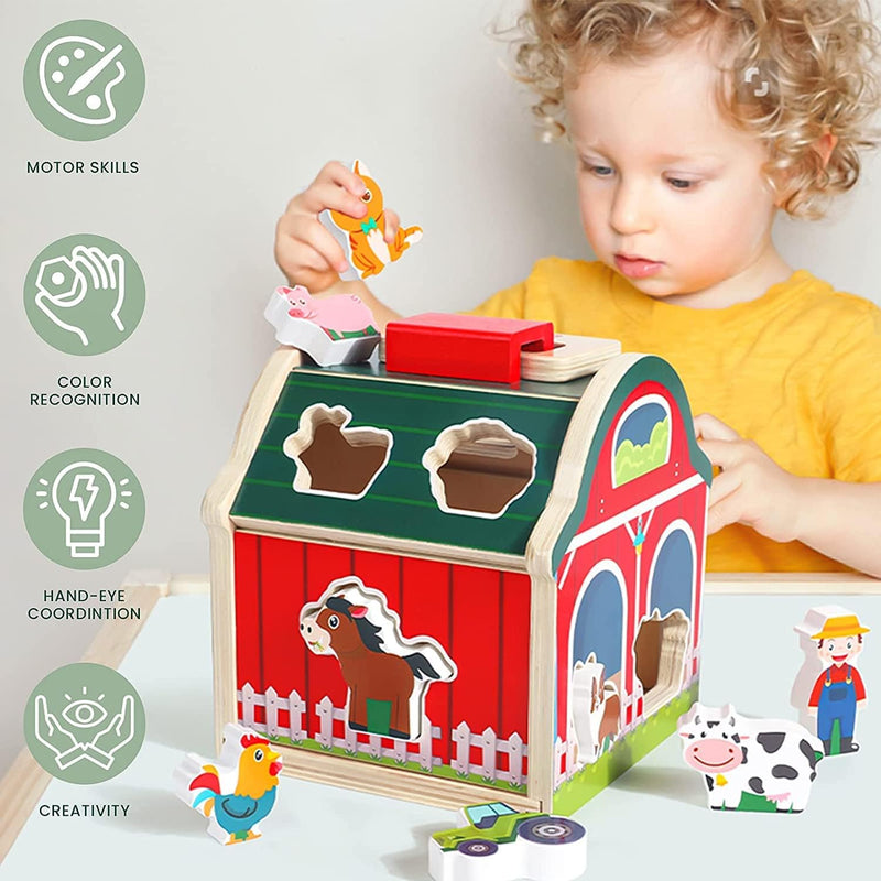 AM ANNA Wooden Farm Animals Shape Sorter Toys, Take-Along Sorting Wooden Barn Toy with Roof and Handle,Montessori Learning Toys for Fine Motor Games for Toddlers 1 2 3 Year Old