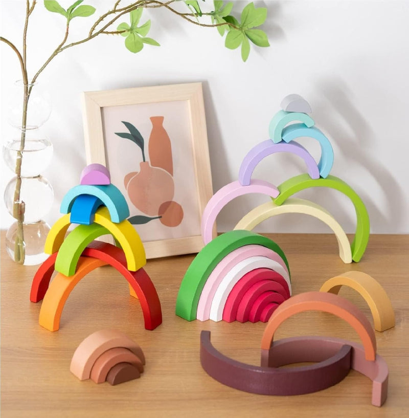 Baybee Baby Wooden Stacking Toys & Building Puzzle Toys for Kids Toddlers Nesting Toys for Montessori Learning Baby Toys Tunnel Stacking Toys for 2+ Years old -(Assorted Wooden Rainbow 7pcs)