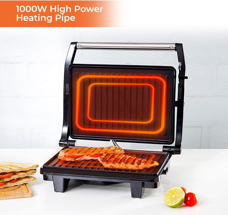 Stainless Steel Panini Grill Maker with Non-Stick Plates, Cord-Warp for Storage, Drip Tray, Indicator Lights for Power and Ready - 2 Year Warranty