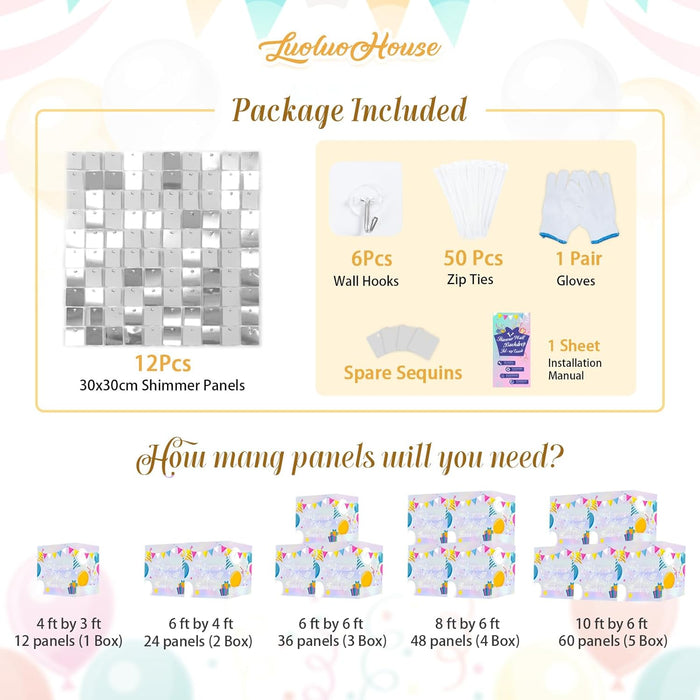 LuoluoHouse Shimmer Wall Panel Sequin Backdrop Panels 12 Packs-Iridescent Silver Backdrop for Graduation Anniversary Backdrop Wall Backdrops Engagement Decoration