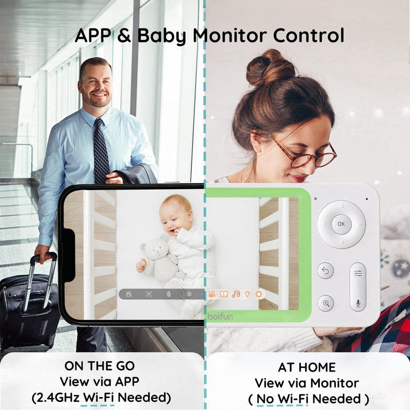 BOIFUN Baby Monitor, 1080P WiFi Baby Camera via Screen and App Control, Video Recording, Playback, Night Vision, Two-Way Audio, Motion & Sound Detection, Area Alarm