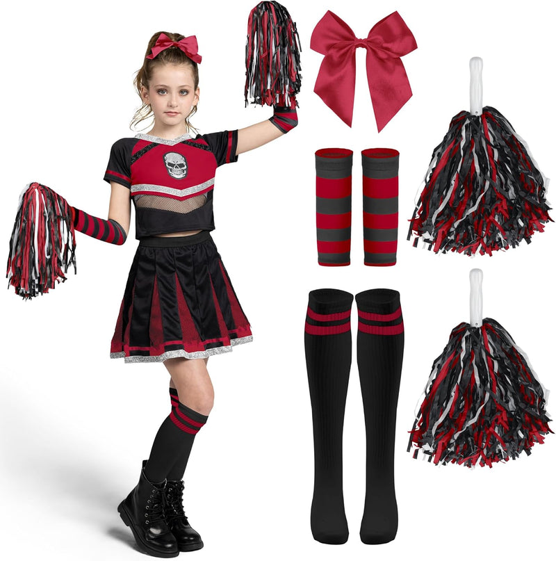 Spooktacular Creations Halloween Cheerleader Costume for Girls, Scary Skull Cheerleader Costume with Accessories for Girls, Role Play, Red and Black - Black Red