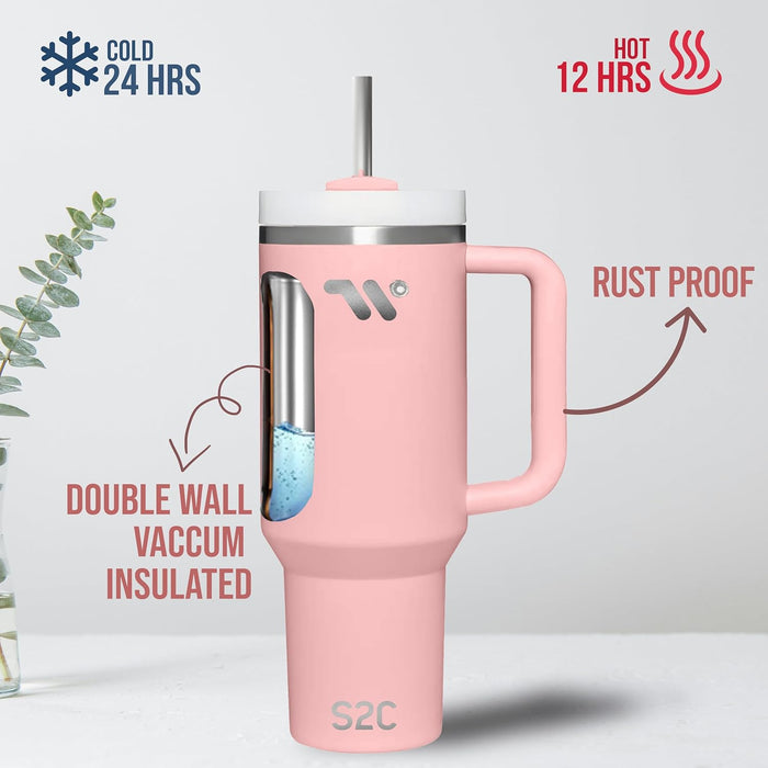 S2C 40oz Stainless Steel Tumbler with Handle & Straw – Double Wall Vacuum Insulated Mug – Leakproof, BPA-Free, Keeps Drinks Hot & Cold – Ideal for Office, Gym, Travel – Fits Car Cup Holder–(Blue)