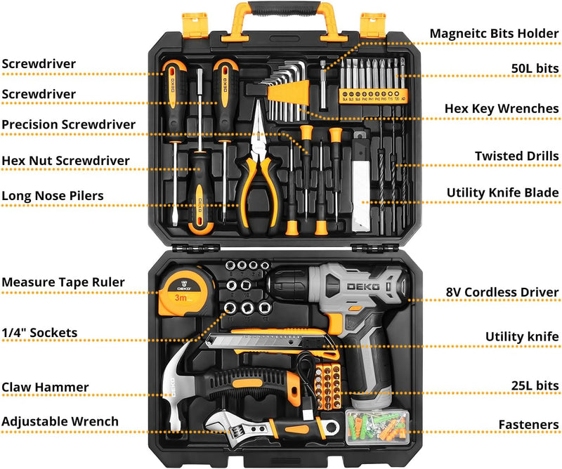 DEKOPRO 126-Piece Power Tool Combo Kit with 8V Cordless Drill, NiMh Battery, 10MM 3/8'' Keyless Chuck, DIY Hand Tools for Garden, Office, House Repair - Yellow