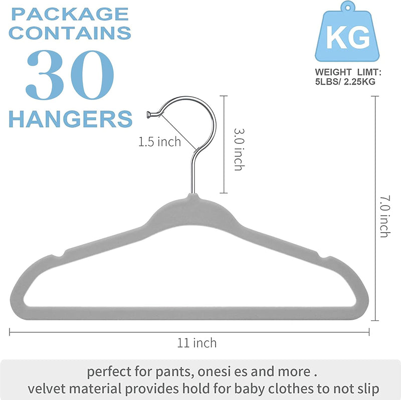 Red Dot Gift® Baby Velvet Hangers 11Inch/28cm - Nursery Clothes Hangers Non Slip Toddler Hangers, 360 Chrome Swivel Hook (White, 30)