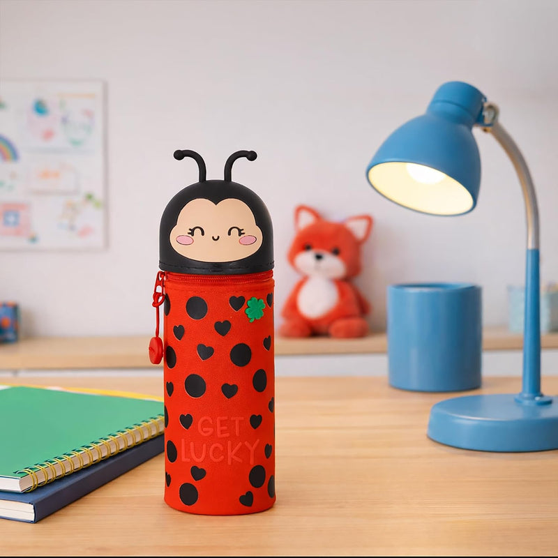 Legami - Kawaii School Pencil Case 2 in 1 Soft Silicone, Ladybug Theme, Table Pen Holder, Zipper Closure, Pastel Pens Marker, H 21.5 cm