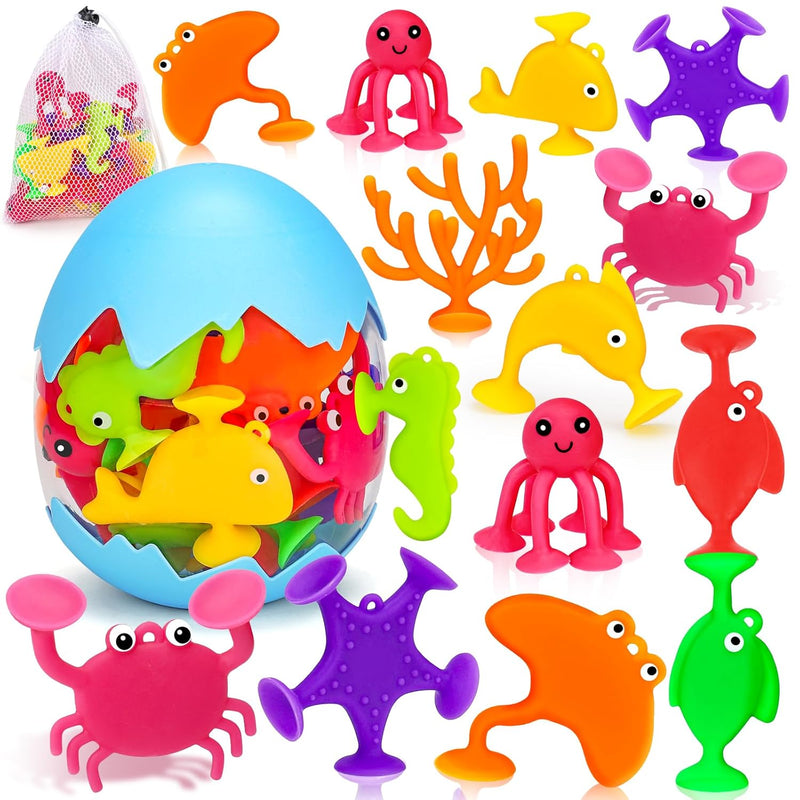 Toddler Suction Cup Bath Toys, Ocean Animal Bath Toys for Kids Ages 1-3 4-8 No Hole Mold Free Bathtub Toys for Toddlers 2-4 3-5 Kids Travel Window Building Toys for 2 3 4 5 Year Old Boys Girls Gifts