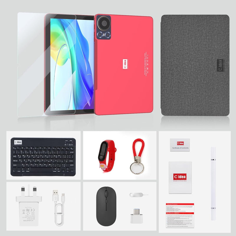 C idea10.1 Inches Tablet,Android 14 Tab,5G Tablet Dual SIM 8GB RAM 1TB ROM,10000mAh Battery With Bluetooth Keyboard,Mouse and Speaker CM8300plus (Red)