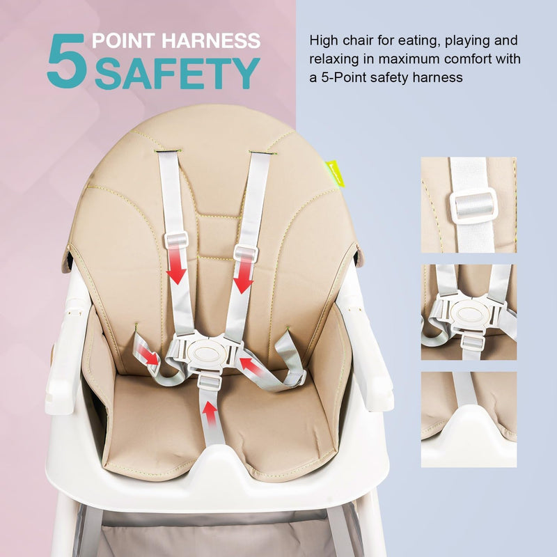 Baybee Baby High Chair for Kids with Adjustable Height and Footrest, Toddler Walker Feeding Booster Chair Seat for Baby with Tray, Wheel, Safety Belt and Cushion For Babies 6 Month to 4 Year (Green)