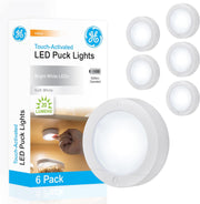 Wireless LED Puck Lights, 4 Pack, Battery Operated, 20 Lumens, Touch Activated On/Off, Bright White, Under Cabinet Lighting, Ideal for Closets, Garage and More, 45997 - 6 Pack