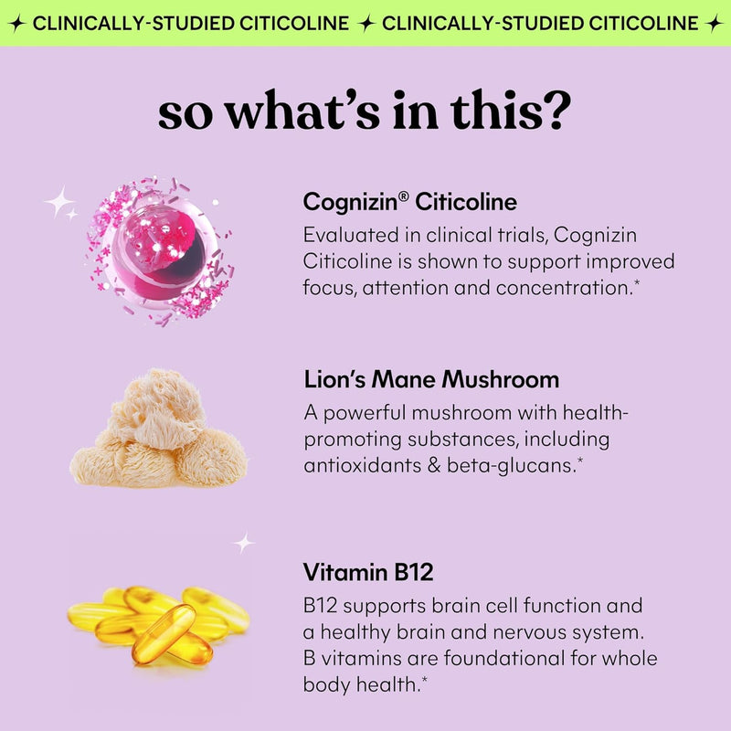 Focus Concentration & Brain Health Gummies with Cognizin Citicoline, Lion's Mane Mushroom, Vitamin B12 - Vegan, Gluten Free, Caffeine Free, Strawberry (50 Count)