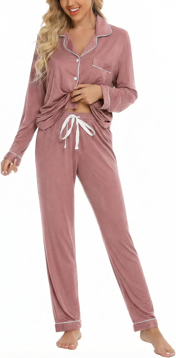 Button Up Pajama Set For Women Long Sleeve Shirt And Pajama Pants Soft Pjs Lounge Sets - Brick Red