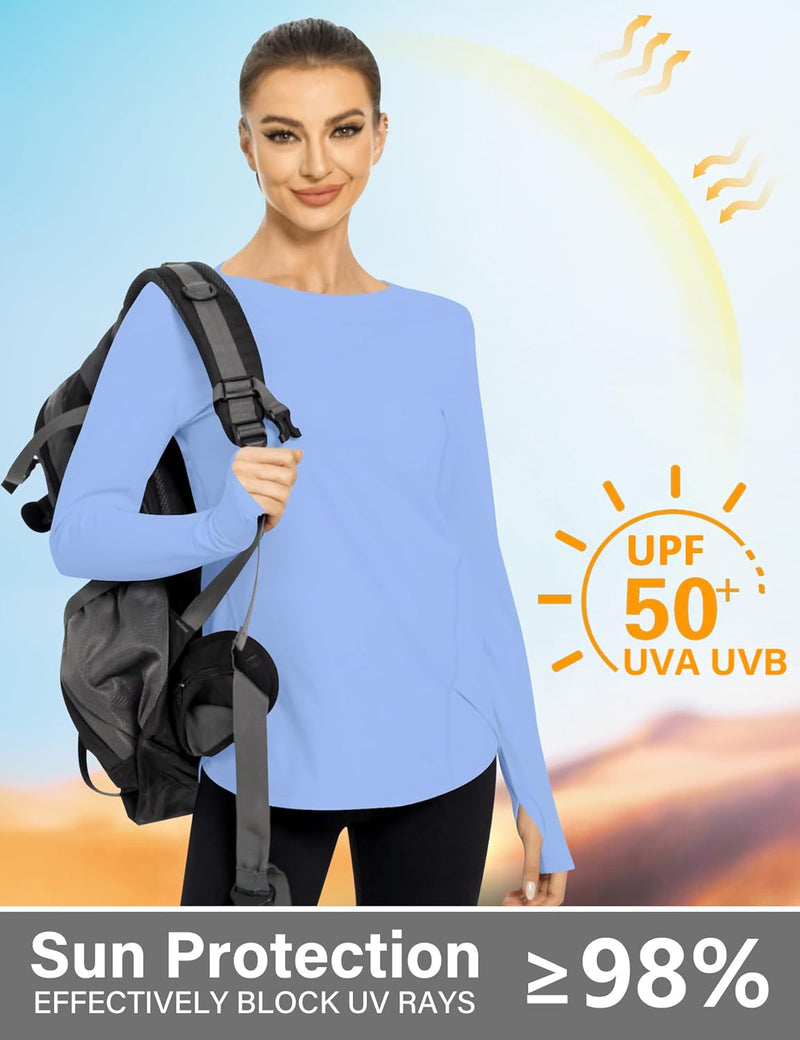 Rapbin Women's UPF 50+ Sun Protection T-Shirts Long Sleeve Boat Neck Workout Lightweight Quick Dry Top with Thumb Hole