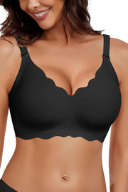 Women's Non-Wired Bras V Neck Wavy Non-Wired Bralettes with Soft Support Comfortable Seamless T-Shirt Bra - Brazstyle-black