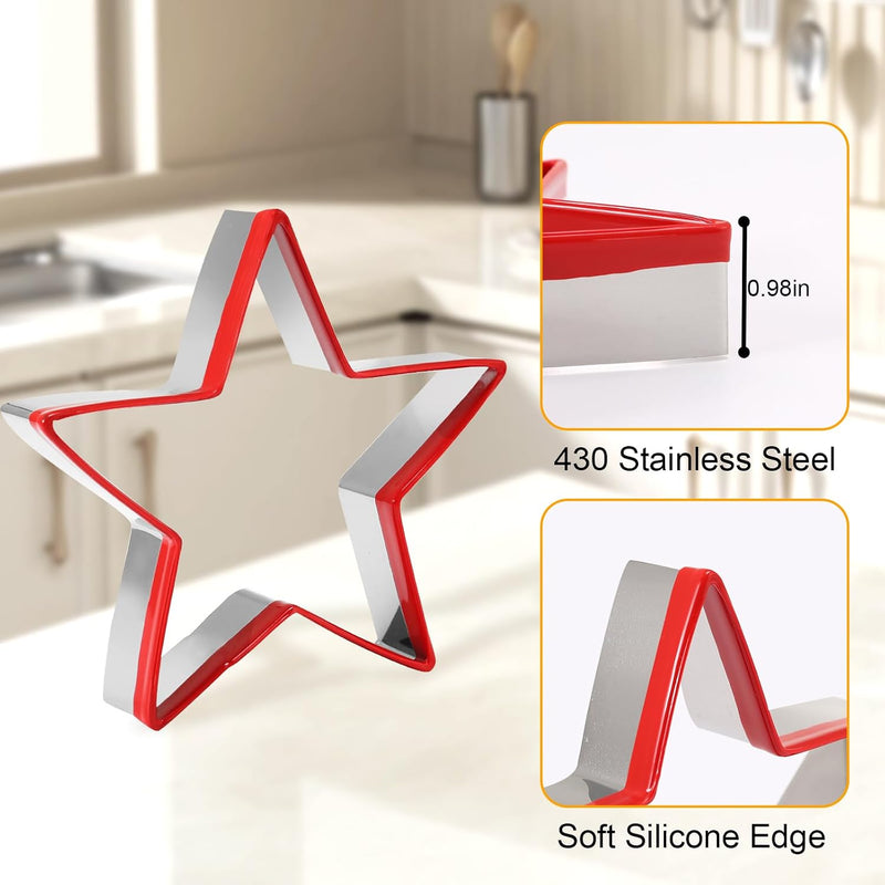 3-Piece Star Cookie Cutter Set - Stainless Steel Holiday Baking Tools with Red Silicone Grip for Christmas Cookies & Crafts