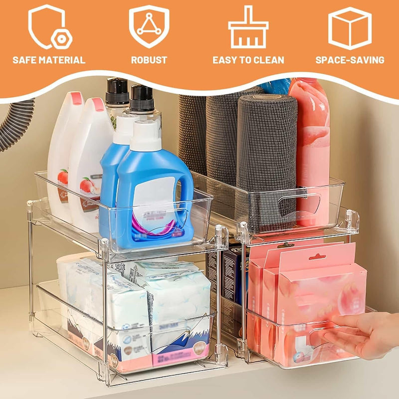 SKY-TOUCH 2 PACK Pull-Out Kitchen and Bathroom Storage Organizer, 2 Tier Clear Under Sink Organizers Vanity Counter Storage Container, Pull-Out Organization with Track for Pantry, Kitchen
