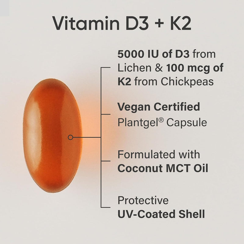 D3 + K2, Plant-Based, 30 Veggie Softgels Plant-Based Vitamin D 5000iu/125mcg & Soy-Free Vitamin K 100mcg for Bone & Immune Support - Vegan Certified & Non-GMO Verifed