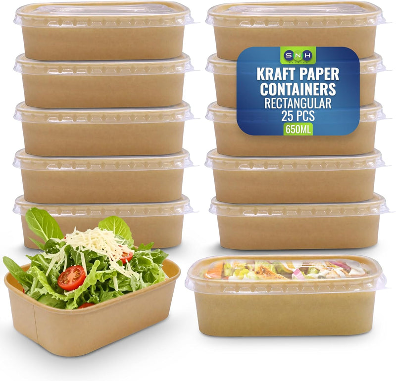 Disposable 25-Pack Kraft Paper Containers 500 ml with Lid, Rectangular Disposable Bowls, Sturdy Food Salad Containers, Eco-Friendly Takeaway Lunch Boxes, Microwave Safe, Heavy Duty Meal Prep Box - Brown (Pack 25) 650 ml