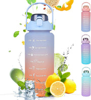 2L Water Bottle with Straw 64 Oz Motivational Sports Water Bottle with Time Capacity Marker BPA Free Big Large Gym Cycling Water Bottle Cup Jug for Kids School Outdoor Fitness (Peach Blue) - Blue Orange