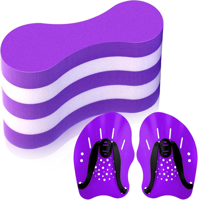 3 Pcs Swim Training Pull Buoy Swimming Hand Paddles Set Include 1 Swim Buoy 2 Swim Hand Paddles for Lap Swimming with Adjustable Straps Swim Training Equipment Kit for Adults - Purple