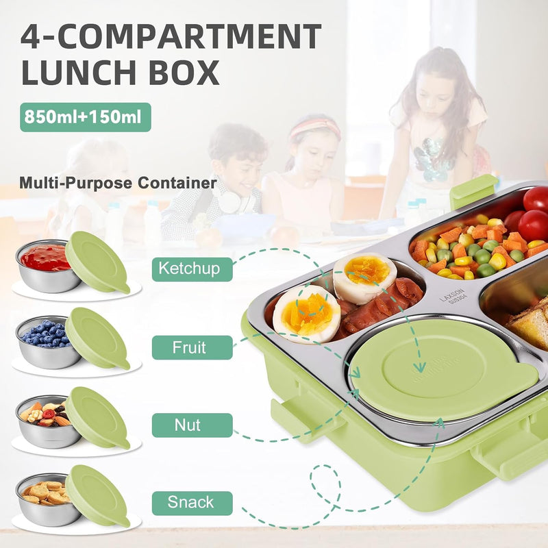 Stainless Steel Adult Lunch Box, 28.7 Oz 4-Compartment Metal Bento Box Kids Snack Containers With 5 Oz Soup/Condiment Cup, Food Storage Containers With Utensils, Ideal For School, Office & Travel