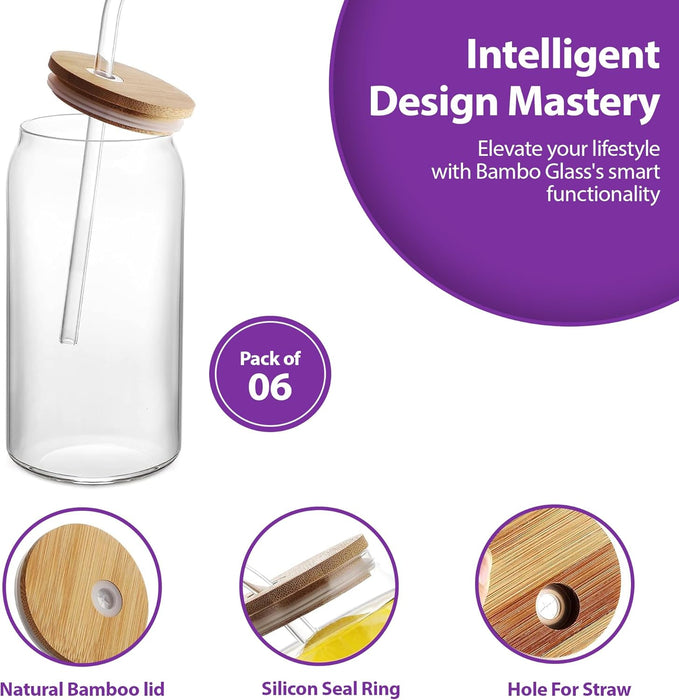 CasaWave 4 Drinking Glasses with Bamboo Lids and Glass Straw - 4 Pcs Can Shaped Glass Cups, Iced Coffee Cups, Cute Tumbler Cups with 2 Cleaning Brush, Ideal for Cocktail, Soda, Tea, Gift