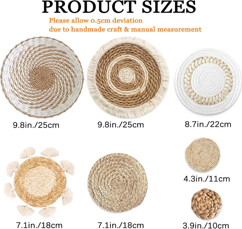 Dimpola 7 Pack Boho Wall Basket Decor - Seagrass Rattan Wicker Wall Decor Round Handmade Hanging Rustic Flat Elegant Wall Art for Farmhouse Living Rooms Bedrooms Display Table Settings Kitchen Home