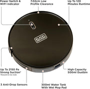 BLACK+DECKER Robotic Vacuum Cleaner and Mop, Alexa Enabled, 2150 Pa Suction, 120 Min Runtime, Self-Charging, Smart App Control, Visual Mapping, Black - BRVA425B00-B5