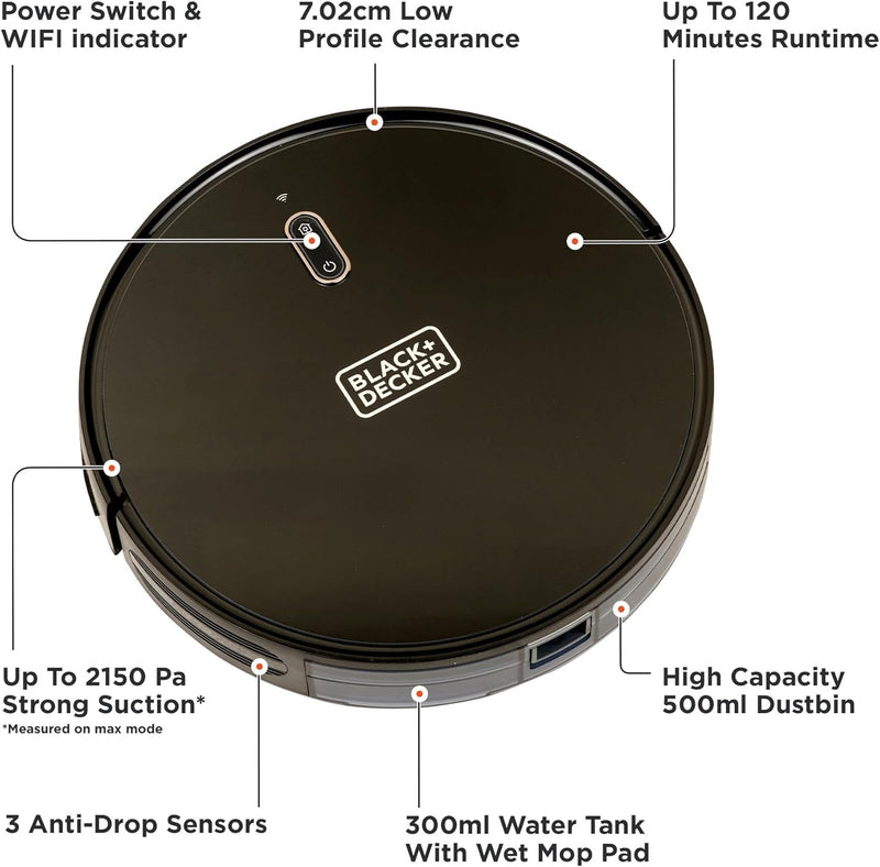 BLACK+DECKER Robotic Vacuum Cleaner and Mop, Alexa Enabled, 2150 Pa Suction, 120 Min Runtime, Self-Charging, Smart App Control, Visual Mapping, Black - BRVA425B00-B5