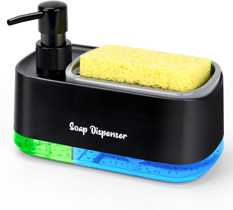 Bestseek Hand and Dish Soap Dispenser Set for Kitchen, Dual Soap Dispenser with Sponge Holder, 3-in-1 Countertop Soap Pump Dispenser for Kitchen Sink, Useful Kitchen Gadgets - Black - Black