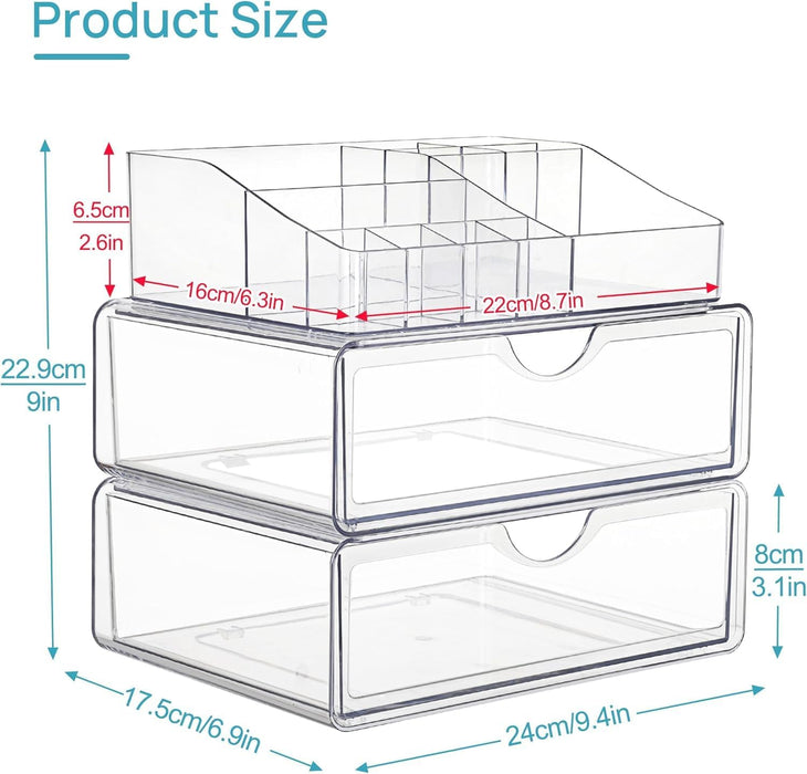 3 Tier Clear Makeup Organizer with Drawer,Cosmetic Storage for Dresser Countertop and Bathroom Vanity,Beauty Holder for Lipstick Brush Skincare (3 Tier)