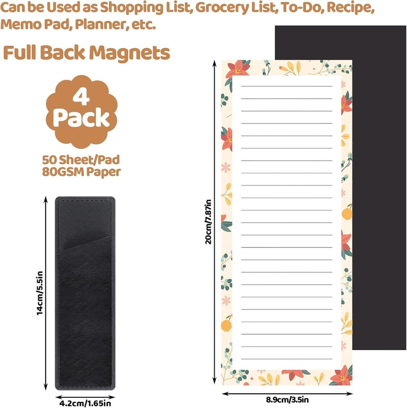 Tazweeq 4Pcs Magnetic Note Pad for Fridge with Pen Holder, Totally 200 Sheets, Floral Design Magnetic To Do List, Shopping List, Grocery List, Task Management, Memo Pads for Refrigerator