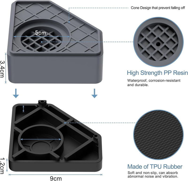 SEISSO Anti Vibration Pads, Washing Machine Foot Pad Stabilizer, Double Heighten Non Slip Shock and Noise Cancelling Support Mat, Stops Washer Dryer Moving Shaking Walking Skidding Protects Floor