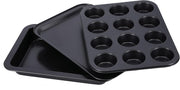 Royalford 3Pcs Non-stick Bakeware Set - Cookie Sheet / Baking Sheet, 12Pcs Muffin Pan Cupcake & Roasting Wide Handle Bread Dessert Bakeware, Sponge Cake Chocolate for