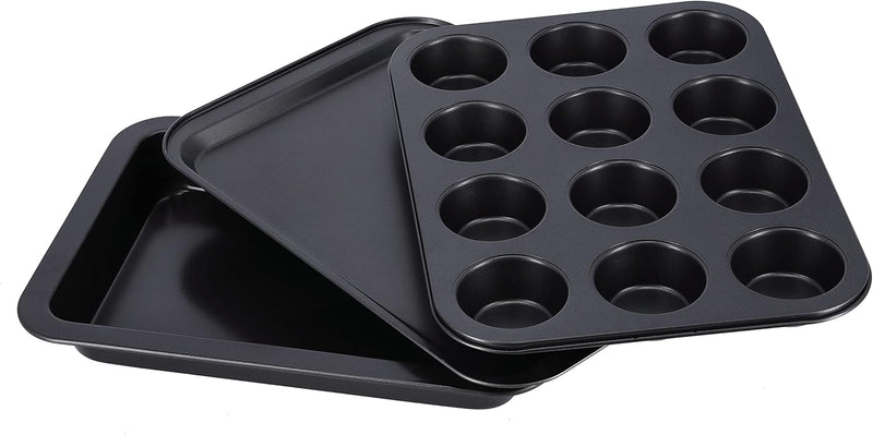 Royalford 3Pcs Non-stick Bakeware Set - Cookie Sheet / Baking Sheet, 12Pcs Muffin Pan Cupcake & Roasting Wide Handle Bread Dessert Bakeware, Sponge Cake Chocolate for
