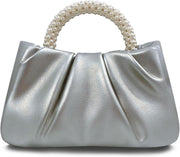 Evening Purse Women Small Pearl Handbags Soft Leather Ruched Bag Wedding Bridal Clutch Party Prom Crossbody Purses - Silver