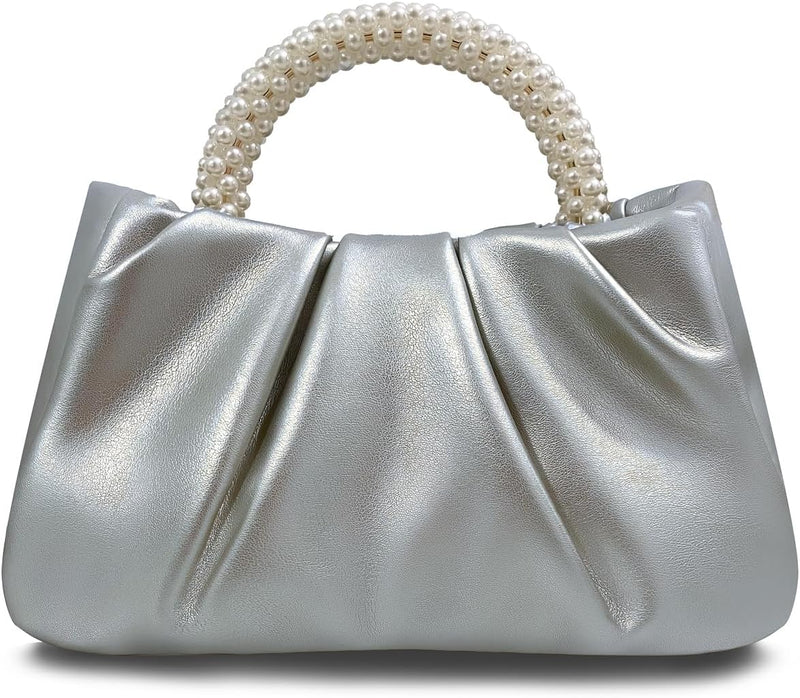 Evening Purse Women Small Pearl Handbags Soft Leather Ruched Bag Wedding Bridal Clutch Party Prom Crossbody Purses - Silver