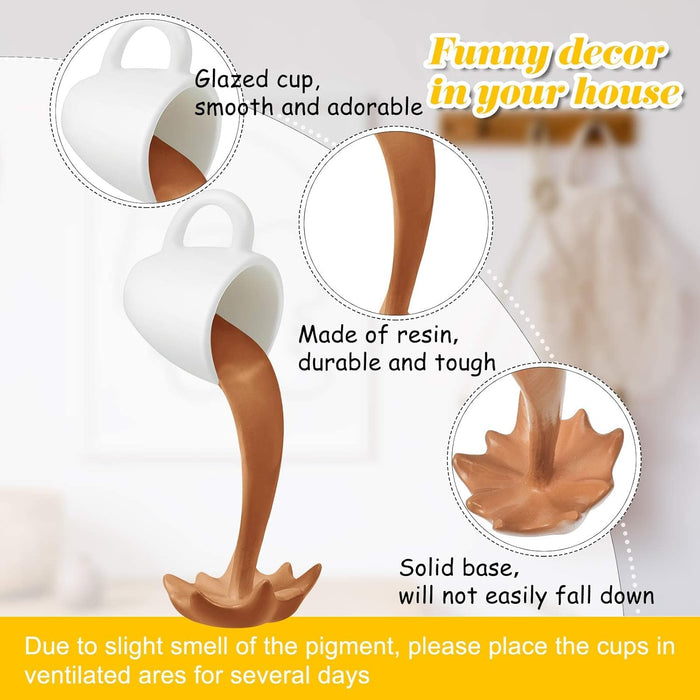 2 pcs floating coffee cup magical pouring sprinkling water splashing fun coffee cup sculpture art decoration, suitable for home, kitchen, kitchen decoration (Coffee&Cream)