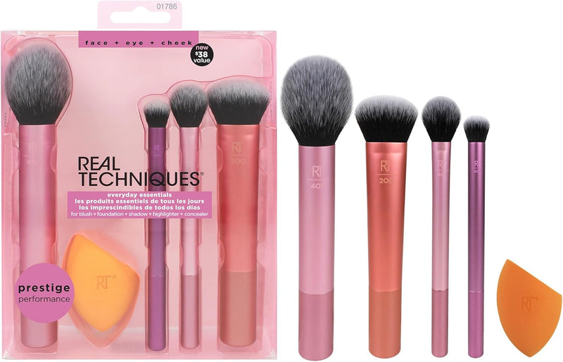 REAL TECHNIQUES The Everyday Essentials set from gives you 5 essential tools to master any look tapered, soft and fluffy bristles. Blend powder blush evenly for a smooth, natural look - Everyday Essentials Kit, 5 PC