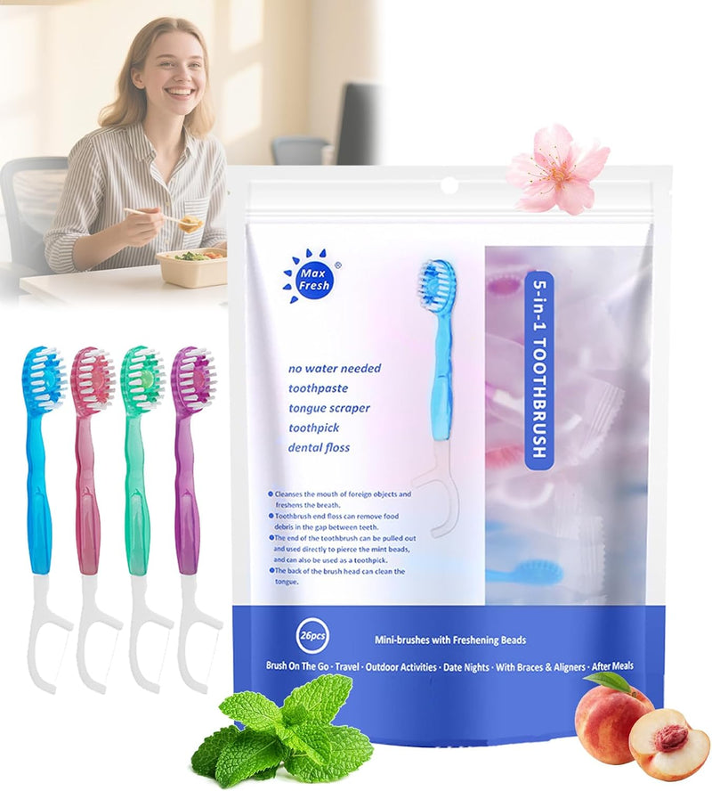 Itemmater Travel Toothbrushes Set, 5 in 1 Mini Disposable Toothbrush, All in One Oral Care, Individually Packaged, 4 Flavors, Pasted Brush Floss Pick Tongue Scraper, for Travel or Work (26 Pcs) - 26 Pcs