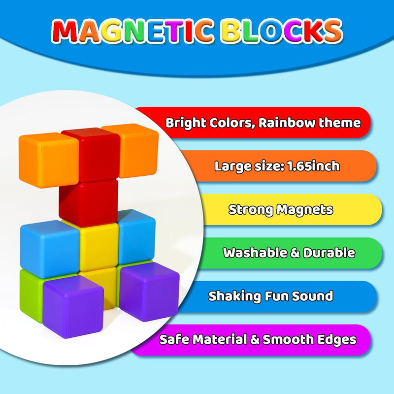Pairez Toys Magnetic Building Blocks, 1.65 inch Large Magnetic Stacking Cubes for Toddlers, Sensory & Montessori Toys for Boys & Girls 1 2 3 Years Old (12 PCS)