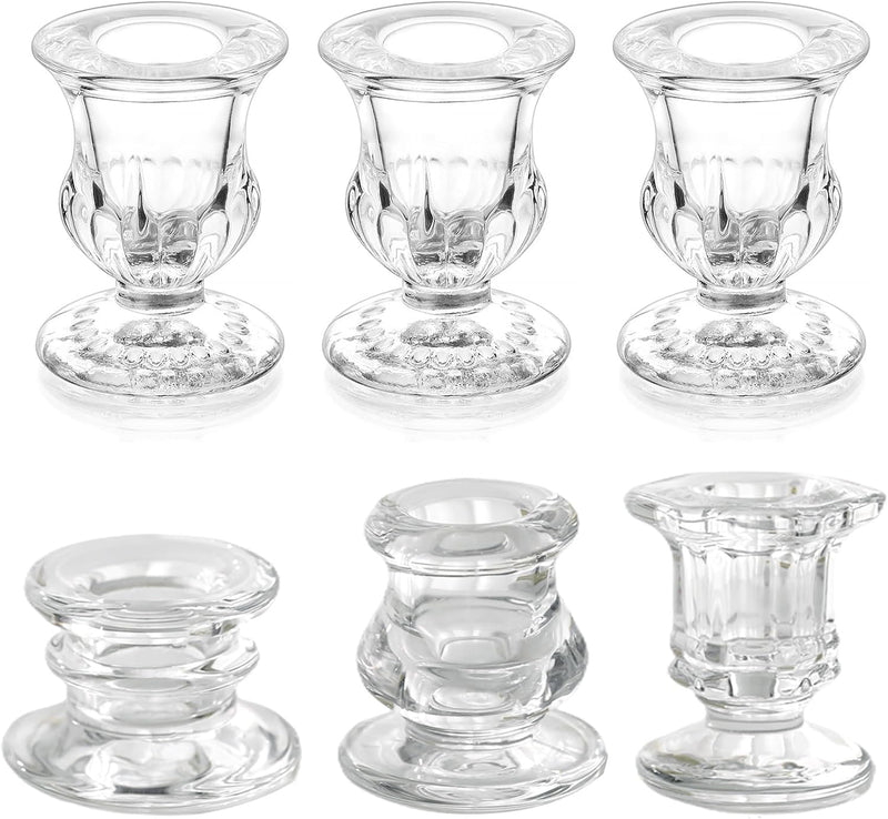 Glass Taper Candleholders - Clear Small Candlestick Holder Bulk, Set of 6 Clear Candleholders for Taper Candles Small Table, Glass Candlestick Holders, Thicker Glass Candle Sticks Set